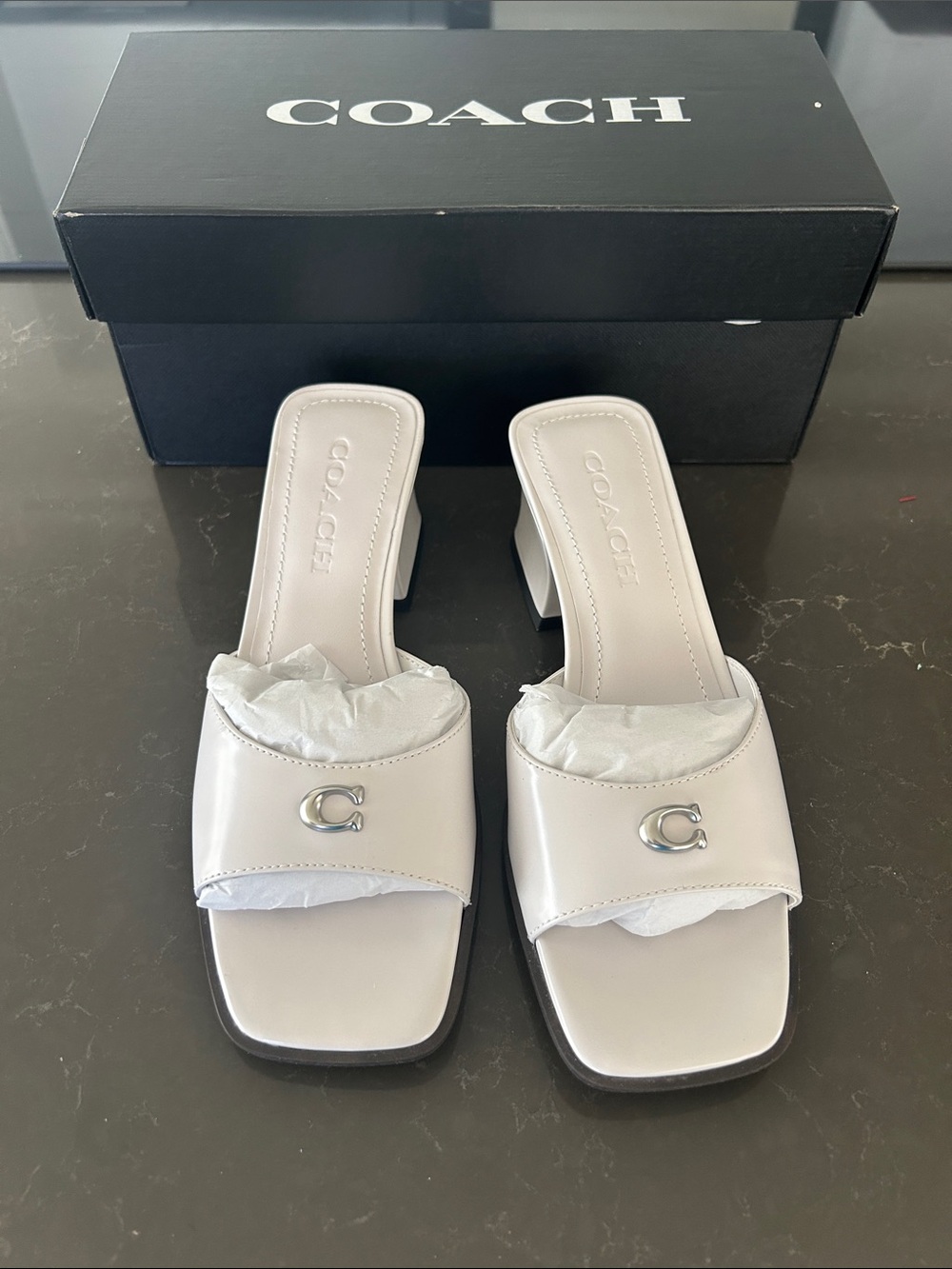 NWT Coach Women's White Leather Block Heel Sandals 6.5